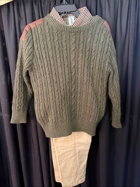 Boy’s Olive Cable-Knit Crewneck Sweater with Brown Elbow Details, Set